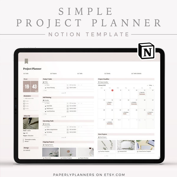 SIMPLE Project Planner Notion Template | Notion Project Tracker, Aesthetic Template, Goals Planner Dashboard, Project Management, Task List