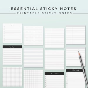 12 Essential Sticky Notes | Printable Sticky Notes Template, 3X3 Inch Sticky Notes, Printable Planner Decor, Grid Notes, To Do List