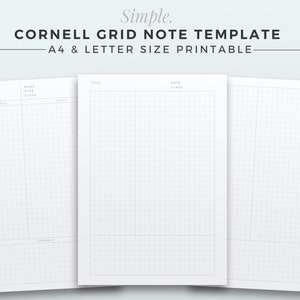 Può includere: Tre modelli di note a griglia Cornell bianchi con una matita. I modelli sono etichettati con sezioni per note, titolo, data e classe. Il testo "CORNELL GRID NOTE TEMPLATE" e "A4 & LETTER SIZE PRINTABLE" è visualizzato in alto.