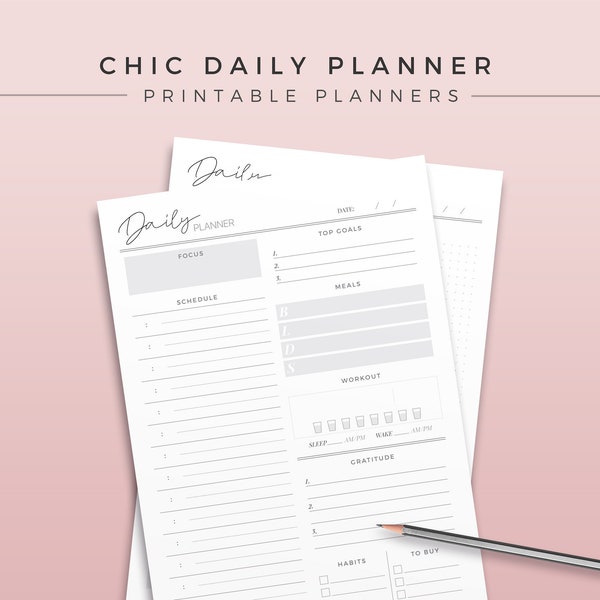 Chic Daily Planner | One Page Daily Planner, Printable Planner Inserts, Printable Deskpad, Undated Daily Agenda, Undated Planner Refill