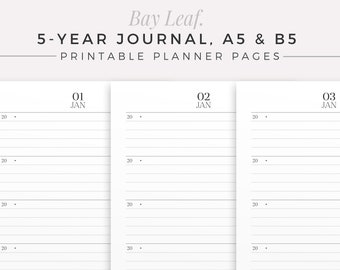 Journal de 5 ans de BAY LEAF | A5 et B5 | Inserts de planificateur imprimables, agenda quotidien non daté, papier journal quotidien, recharge de planificateur, journal de 5 ans