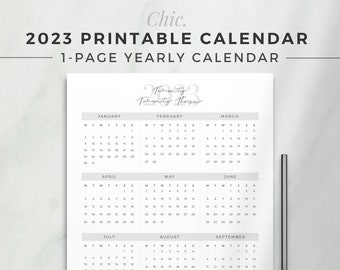 CHIC 2023 Yearly Calendar | One Page Calendar, Printable Planner Insert, Dated Yearly At a Glance, 2023 Planner Refill, Simple Printable