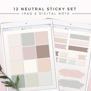 May include: A digital planner app screen showing a set of 12 neutral colored sticky notes. The notes are in various shapes and sizes, including squares, rectangles, and banners. The notes are displayed on a white background. The text "PAPERLYPLANNERS.ETSY.COM" is at the bottom of the screen.