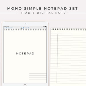 May include: A digital notepad app on an iPad screen and a physical notepad with lined paper. The iPad screen shows the word "NOTEPAD" and a few lines for writing. The physical notepad has a white cover with a spiral binding.