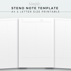 Puede incluir: Plantilla de notas de taquigrafía imprimible en tamaño A4 y carta. La plantilla tiene líneas para escribir y secciones para el título, la fecha y la clase.