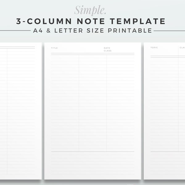 SIMPLE 3-Column Note Template | A4 & LETTER | Printable Note Insert, Three Column Notebook, Productivity Study Note, Notebook Paper Refill