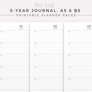 BAY LEAF 5-Year Journal A5 & B5 Printable Planner Inserts, Undated Daily Agenda, Daily Journal Paper, Planner Refill, 5 Years Diary image 1