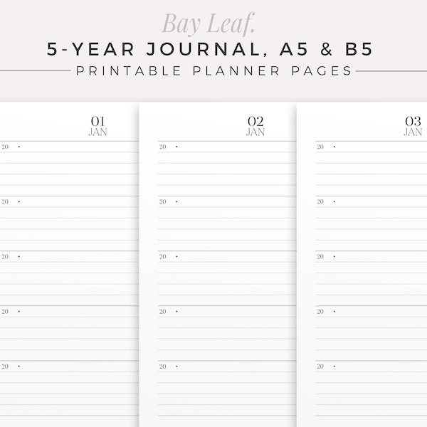 Journal de 5 ans de BAY LEAF | A5 et B5 | Inserts de planificateur imprimables, agenda quotidien non daté, papier journal quotidien, recharge de planificateur, journal de 5 ans