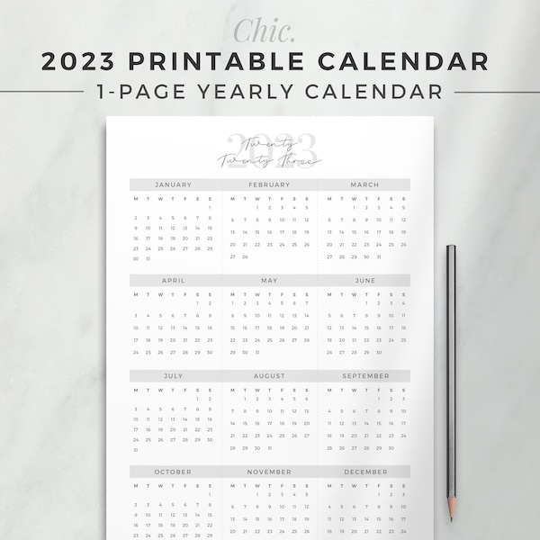 CHIC 2023 Yearly Calendar | One Page Calendar, Printable Planner Insert, Dated Yearly At a Glance, 2023 Planner Refill, Simple Printable