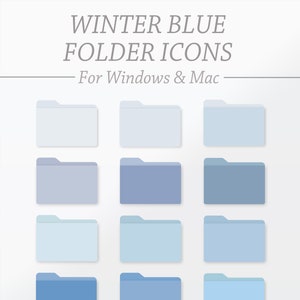Pode incluir: Doze ícones de pasta azuis em vários tons de azul, incluindo azul claro, azul médio e azul escuro. Os ícones estão dispostos em uma grade de quatro linhas e três colunas. O texto "WINTER BLUE FOLDER ICONS" está na parte superior da imagem, e o texto "For Windows & Mac" está abaixo dos ícones. O texto "PAPERLYPLANNERS ON ETSY.COM" está na parte inferior da imagem.
