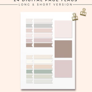 May include: A printable sheet of 24 digital page flags in various shades of pink, brown, white, and green. The flags are in both long and short versions. The text "24 DIGITAL PAGE FLAGS - LONG & SHORT VERSION" is at the top of the sheet.