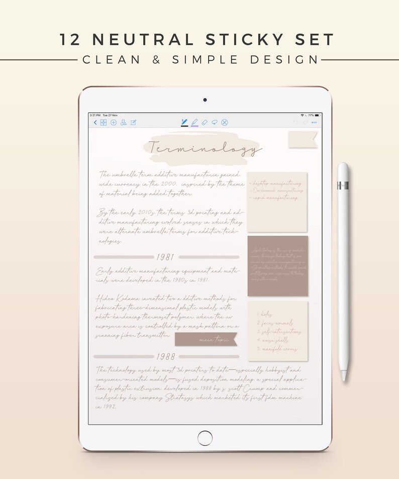 May include: A set of 12 neutral-colored sticky notes with a simple design. The notes feature handwritten text about the history of 3D printing and additive manufacturing. The notes are perfect for organizing and taking notes.