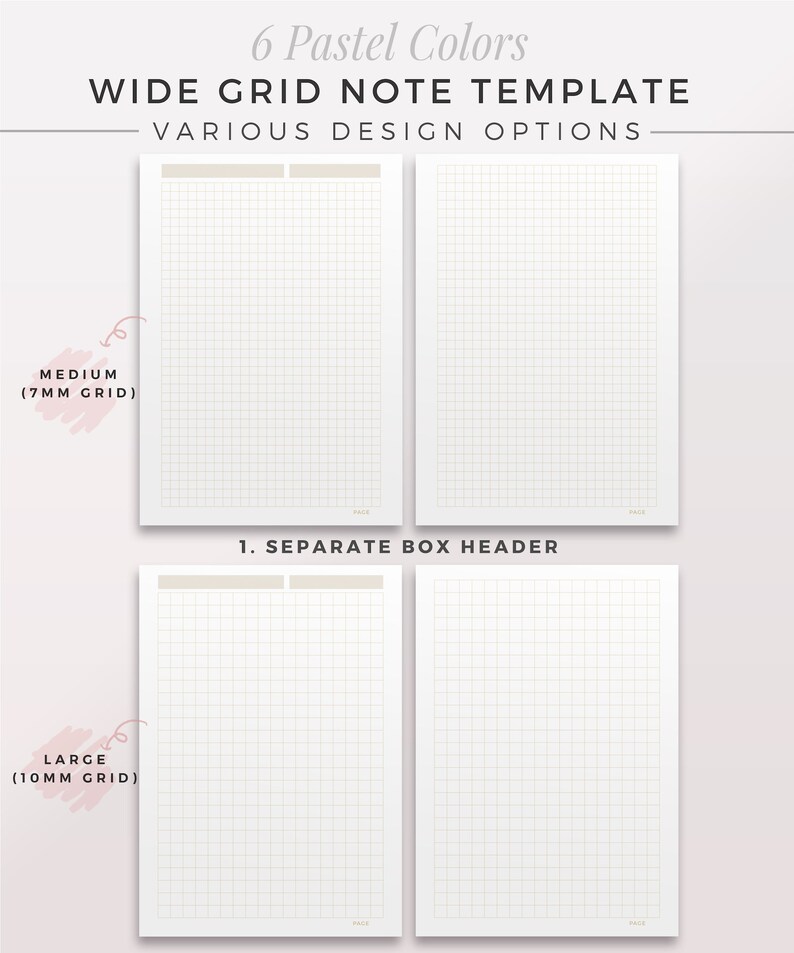 6 PASTEL Grid Note | WIDE Grid, Notebook Template, Printable Note ...