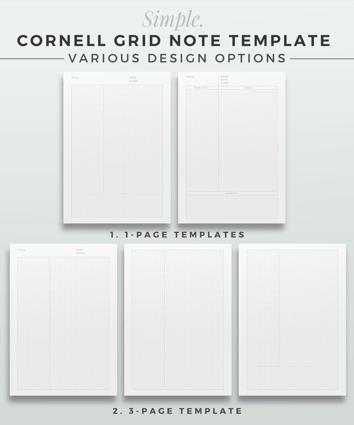 SIMPLE Cornell Grid Note Template A4 & LETTER Printable Note Inserts, Grid Notebook, Cornell