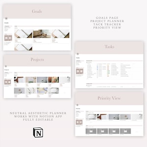 May include: A neutral aesthetic planner template for the Notion app. The template includes sections for goals, projects, tasks, and a priority view. The template is fully editable and features a minimalist design with a light pink background.