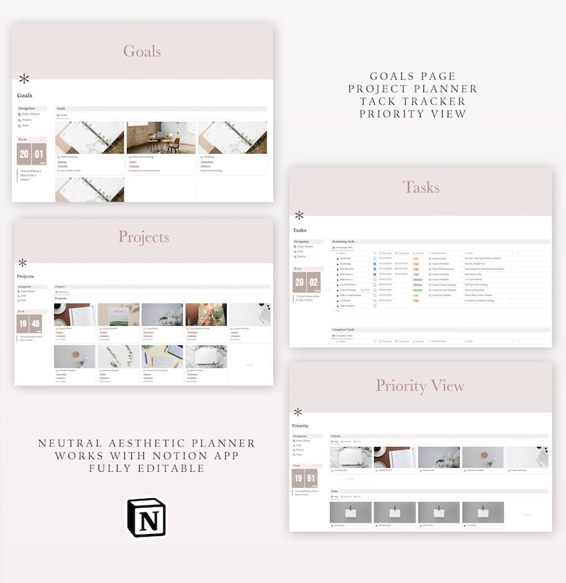May include: A neutral aesthetic planner template for the Notion app. The template includes sections for goals, projects, tasks, and a priority view. The template is fully editable and features a minimalist design with a light pink background.