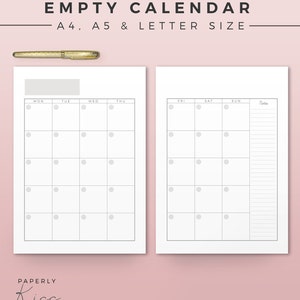 Empty Calendar, Printable Monthly Planner Inserts, A4, A5, Letter, Modern Organizer, Monthly Planner, Printable Calendar, Wall Calendar