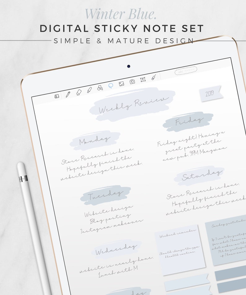 Ensemble de notes autocollantes numériques WINTER BLUE Notes autocollantes neutres, Notes autocollantes iPad, Planificateur numérique, GoodNotes, Notabilité, Marqueur de page numérique image 4