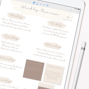 May include: A weekly planner with a beige background and handwritten notes for each day of the week. The planner includes a section for "Weekly Inspiration" and "Sunday Gratitude".