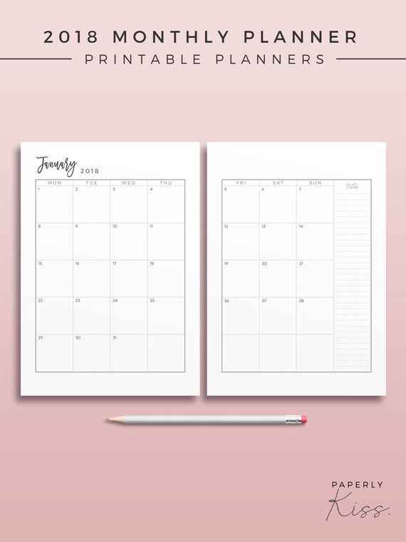 2018 2 page monthly planner printable planner inserts etsy 2 page monthly planner template