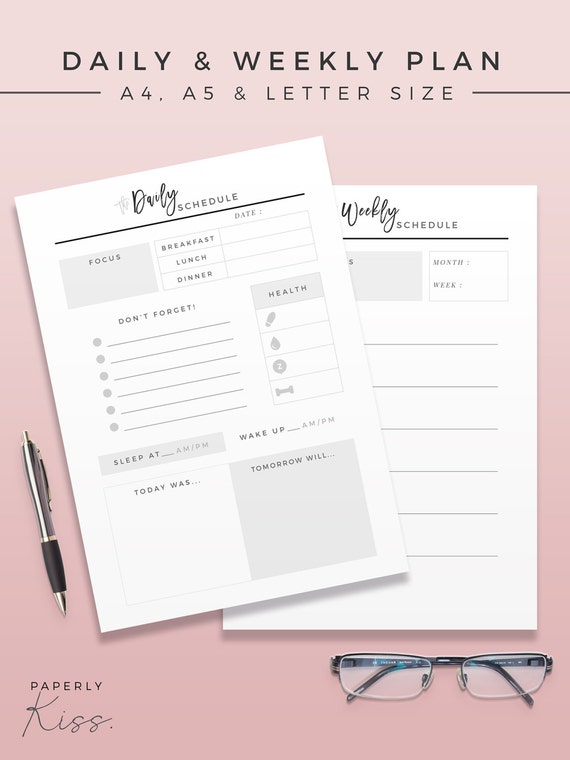 Daily Planner - Printable Planner Insert - A4 - A5 - Letter - Modern Organizer - Mininal Daily Planner - Printable Weekly Schedule - Filofax