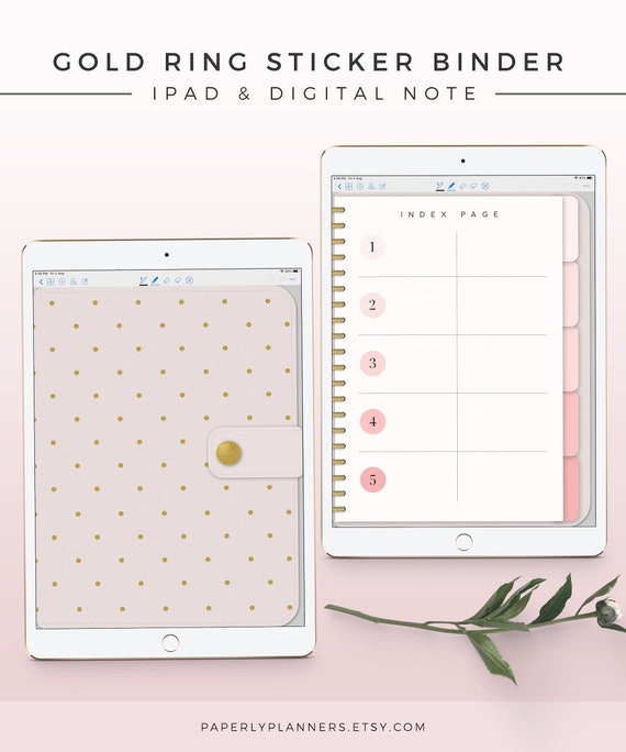 Gold Ring Digital Sticker Binder, iPad Notebook, Digital Sticker Binder  Template, Hyperlink Notebook, iPad Index Note, Goodnotes Template 