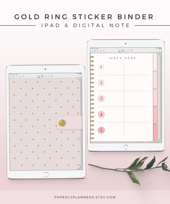 Gold Ring Digital Sticker Binder, iPad Notebook, Digital Sticker Binder Template, Hyperlink Notebook, iPad Index Note, Goodnotes Template
