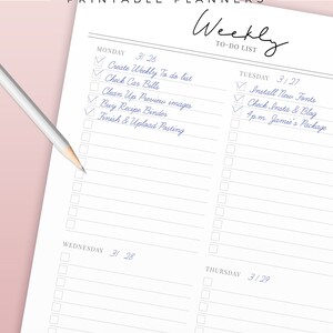 May include: A white printable weekly to-do list with the text "Weekly To Do List" at the top. The list includes checkboxes and space for notes. A pencil rests on the left side of the page. The list includes the days of the week and the date.