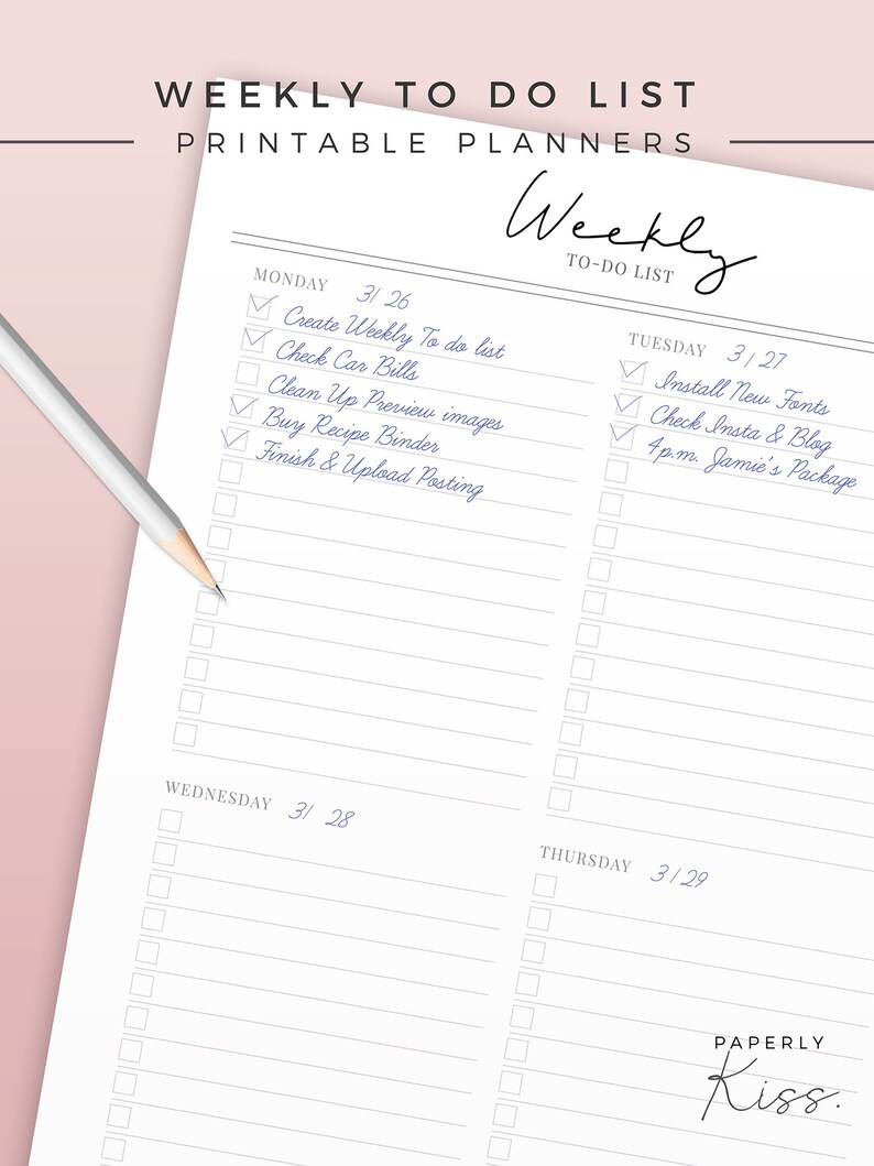May include: A white printable weekly to-do list with the text "Weekly To Do List" at the top. The list includes checkboxes and space for notes. A pencil rests on the left side of the page. The list includes the days of the week and the date.