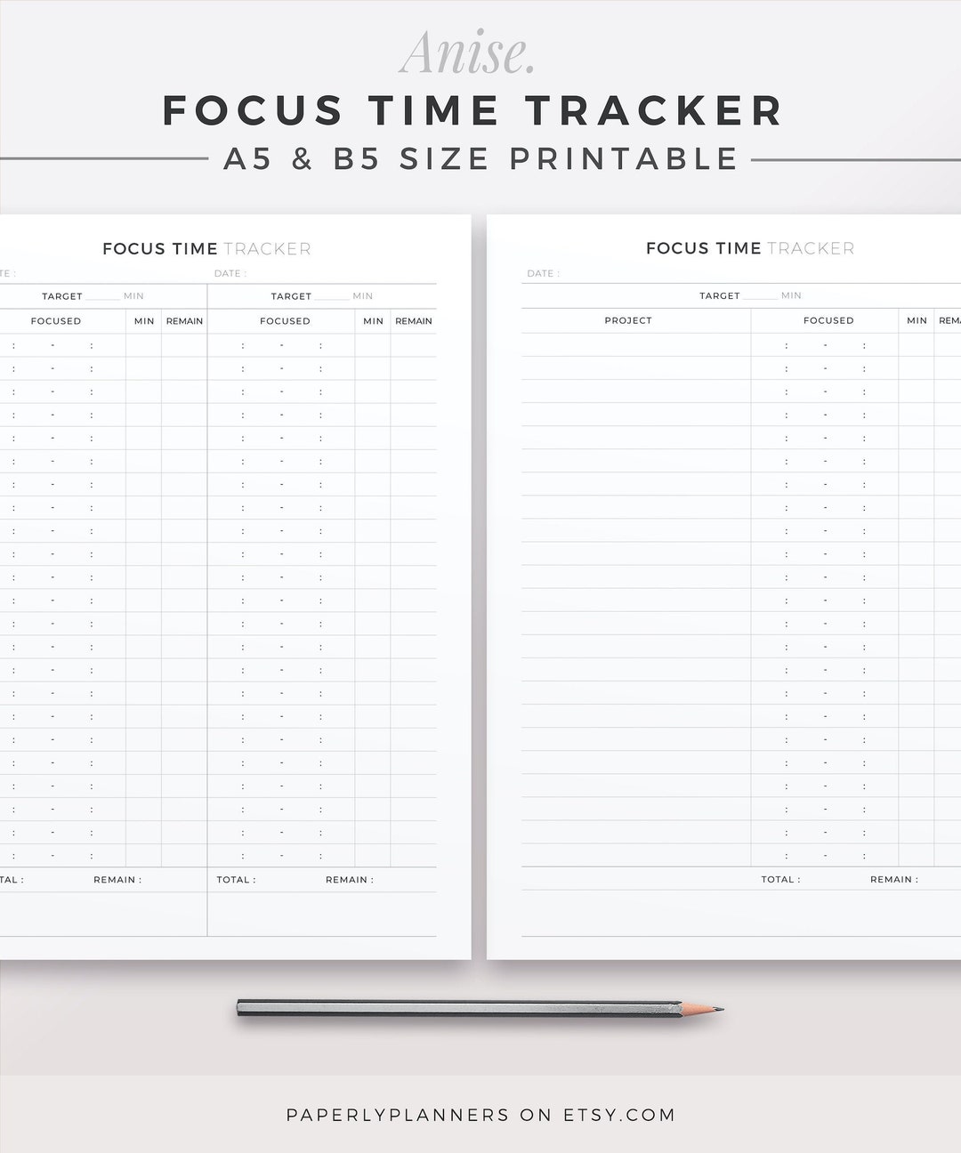 Focus Block Progress Tracker ANISE Focus Time Tracker | A5 & B5 | Printable Planner Insert, Daily ...