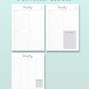 May include: Three white weekly to-do list designs with a light teal background. The top of the image reads "WEEKLY TO DO LIST - 2 DIFFERENT DESIGNS". Each list has sections for daily tasks, with a space for notes. The Paperly Kiss logo is in the bottom right.