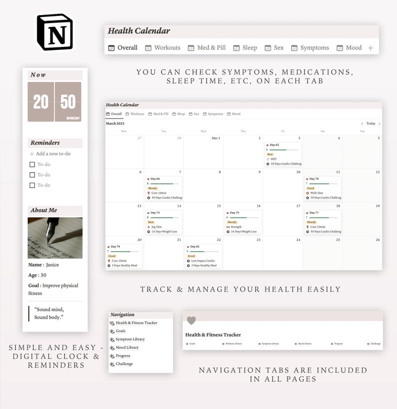 SIMPLE Health Tracker Notion Template Notion Health and Fitness Planner, Aesthetic Notion Template, Health and Fitness Dashboard image 2