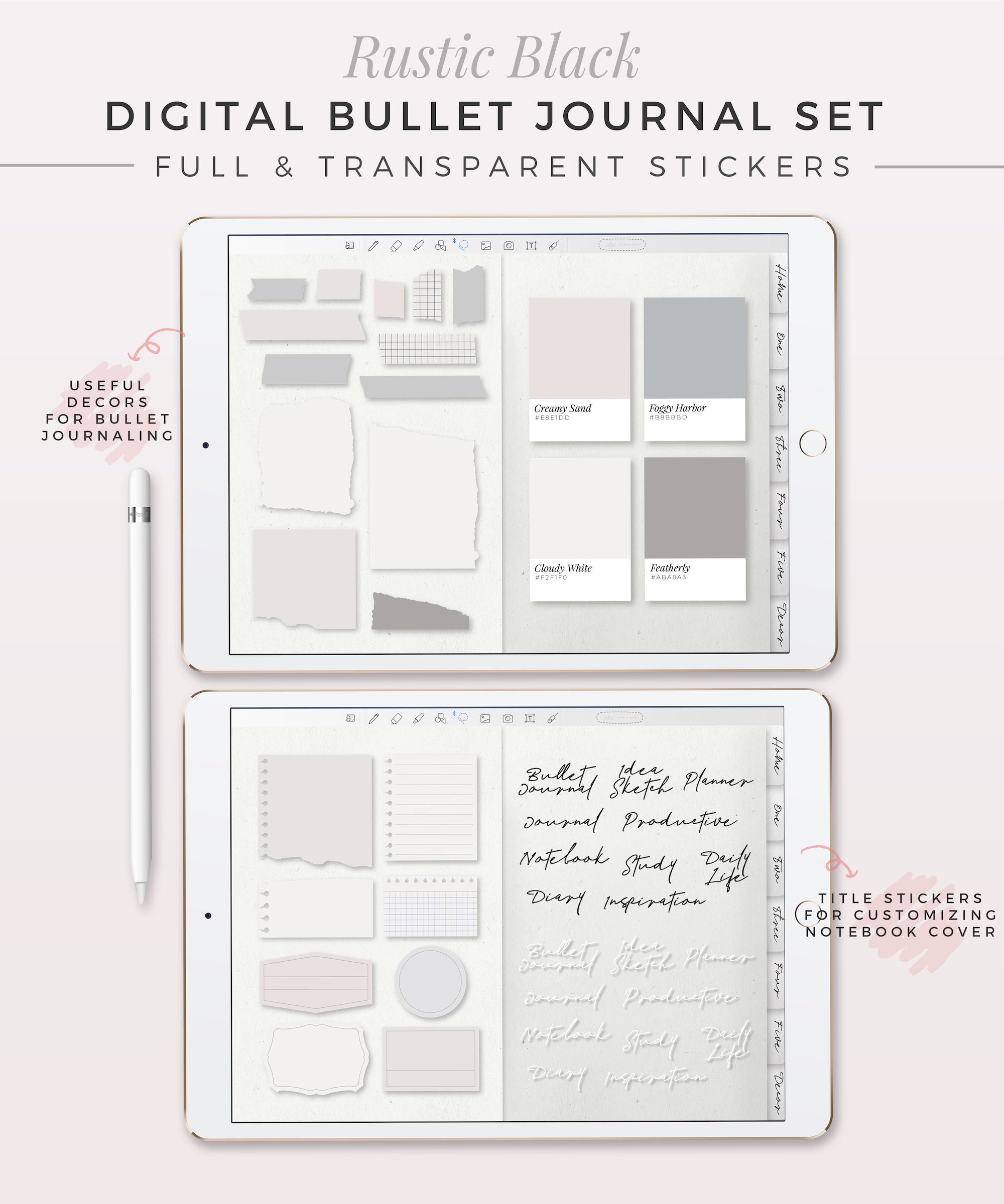 RUSTIC BLACK Digital Bullet Journal Kit Digital Planner, iPad Hyperlinked  Notebook, Goodnotes, Notability, Digital Sticker Set, Digibujo 