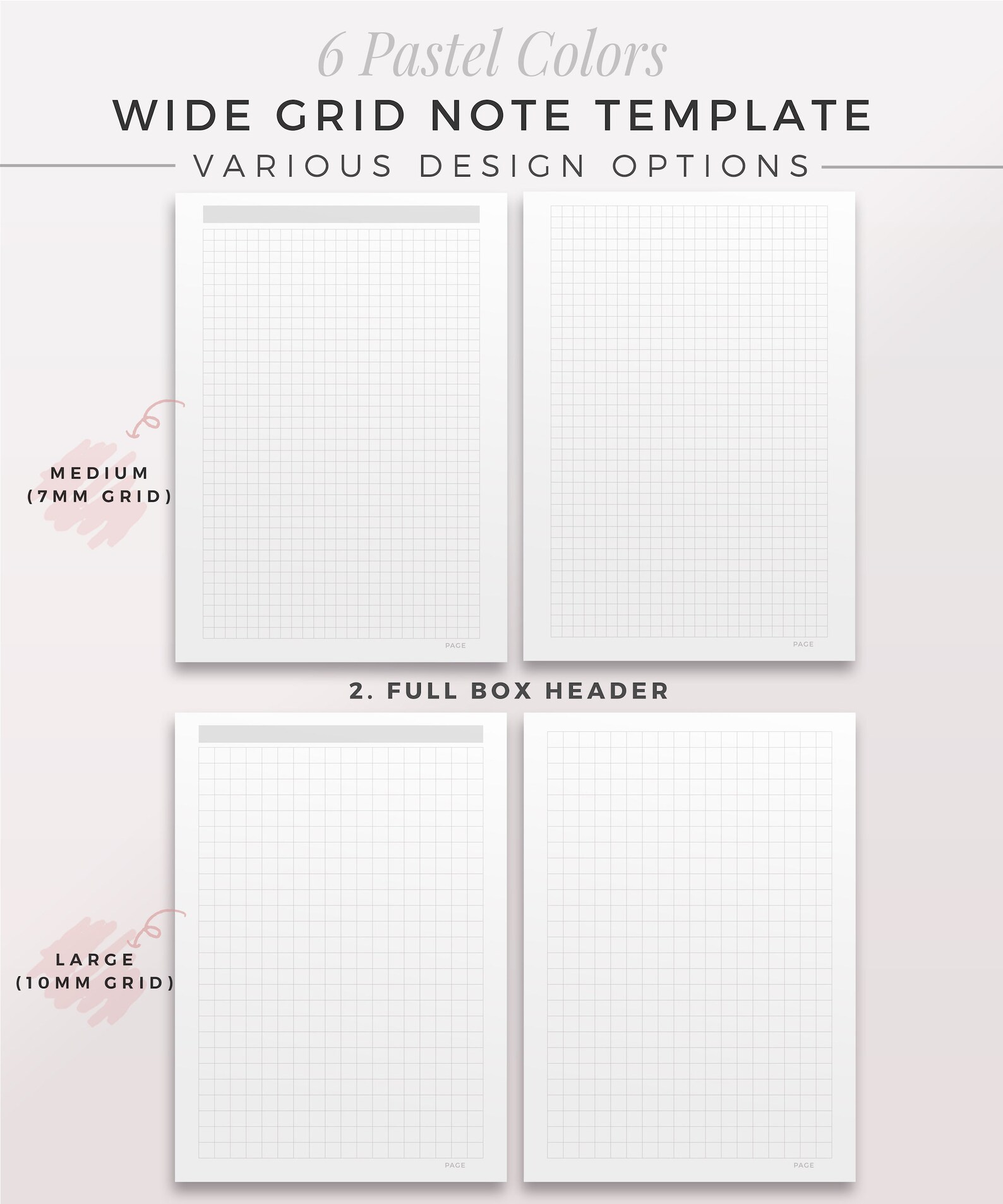 6 PASTEL Grid Note | WIDE Grid, Notebook Template, Printable Note ...