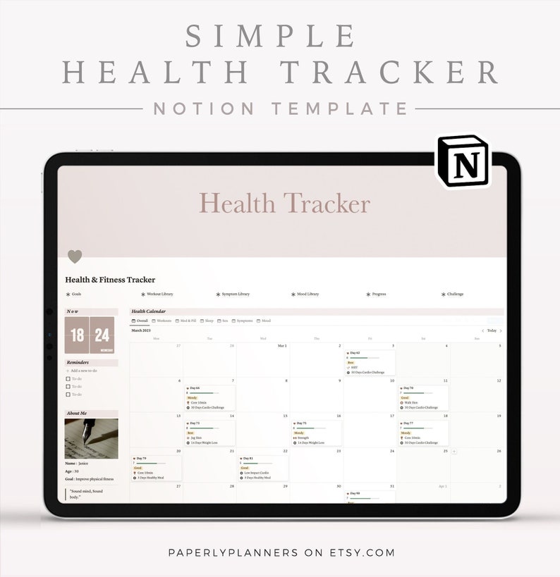 SIMPLE Health Tracker Notion Template Notion Health and Fitness Planner, Aesthetic Notion Template, Health and Fitness Dashboard image 1