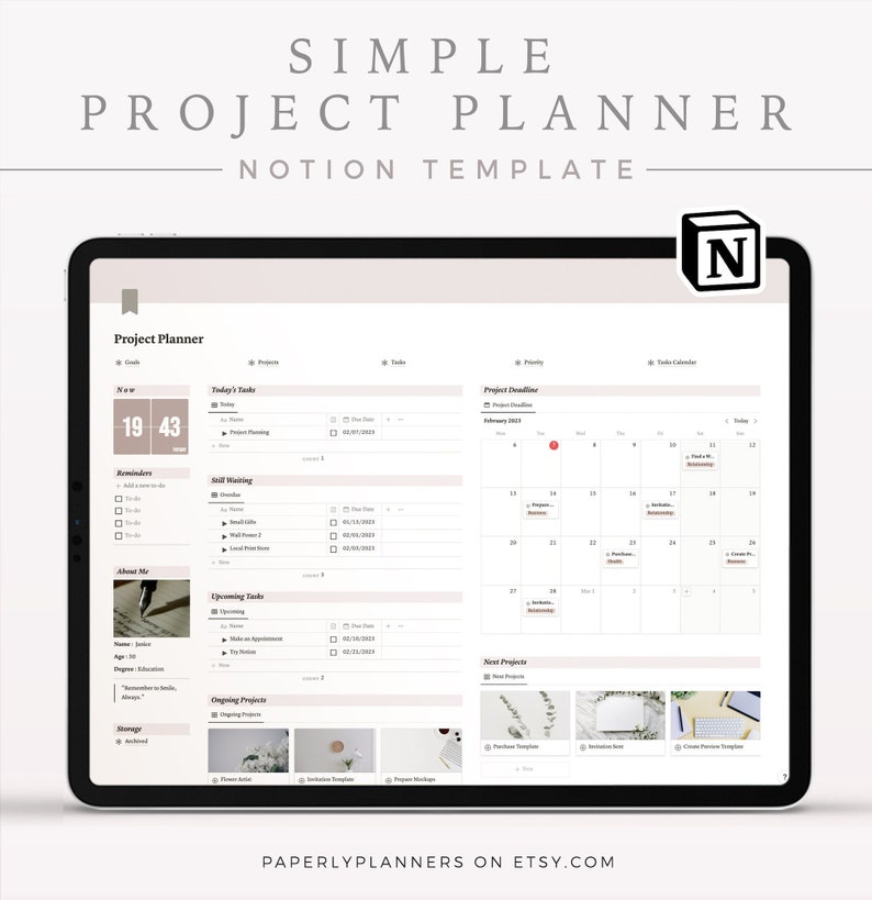 May include: A screenshot of a Notion template for project planning. The template includes sections for goals, reminders, upcoming tasks, ongoing projects, and a calendar for project deadlines. The template is designed to help users organize and manage their projects.