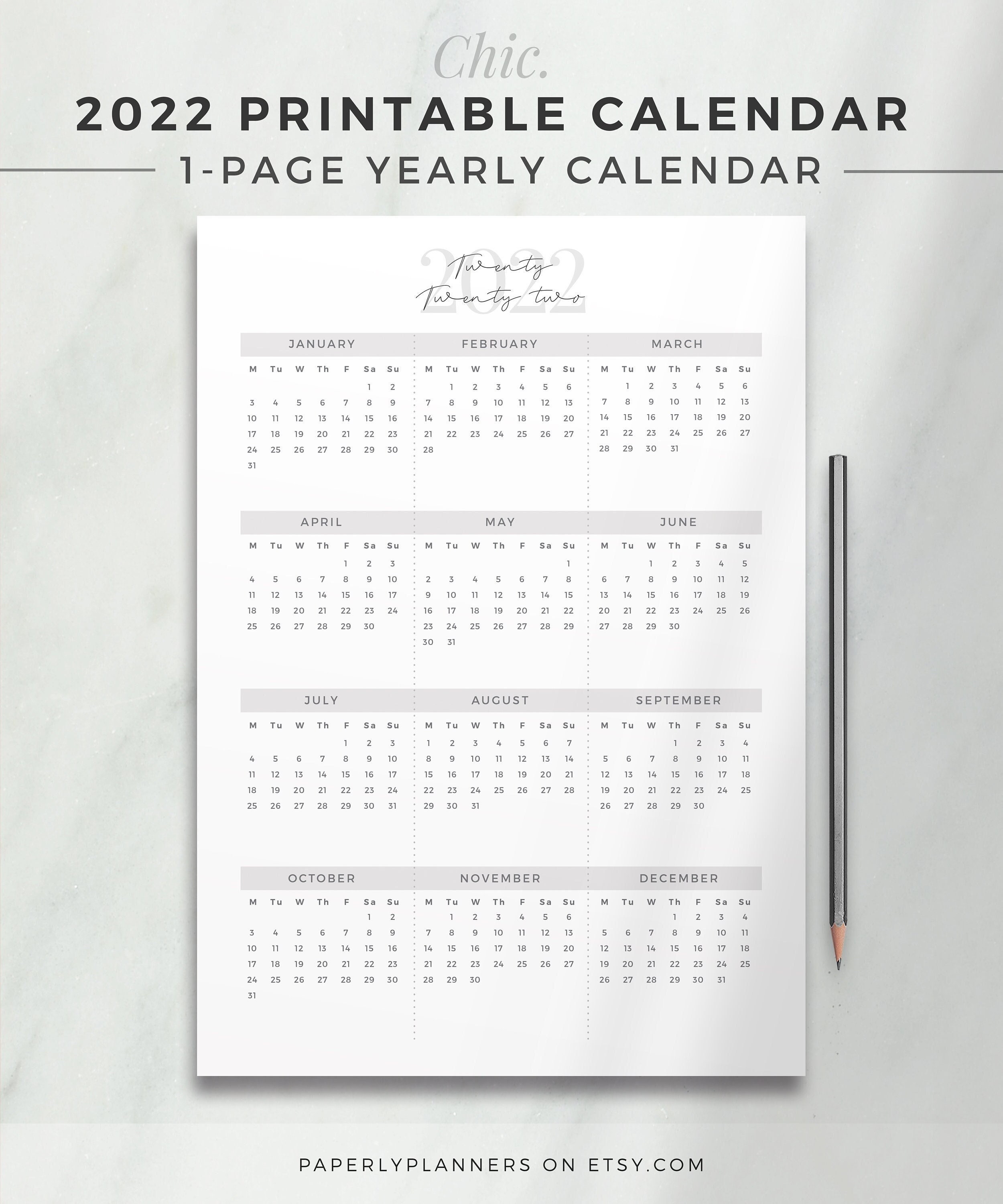 chic 2022 yearly calendar one page calendar printable etsy
