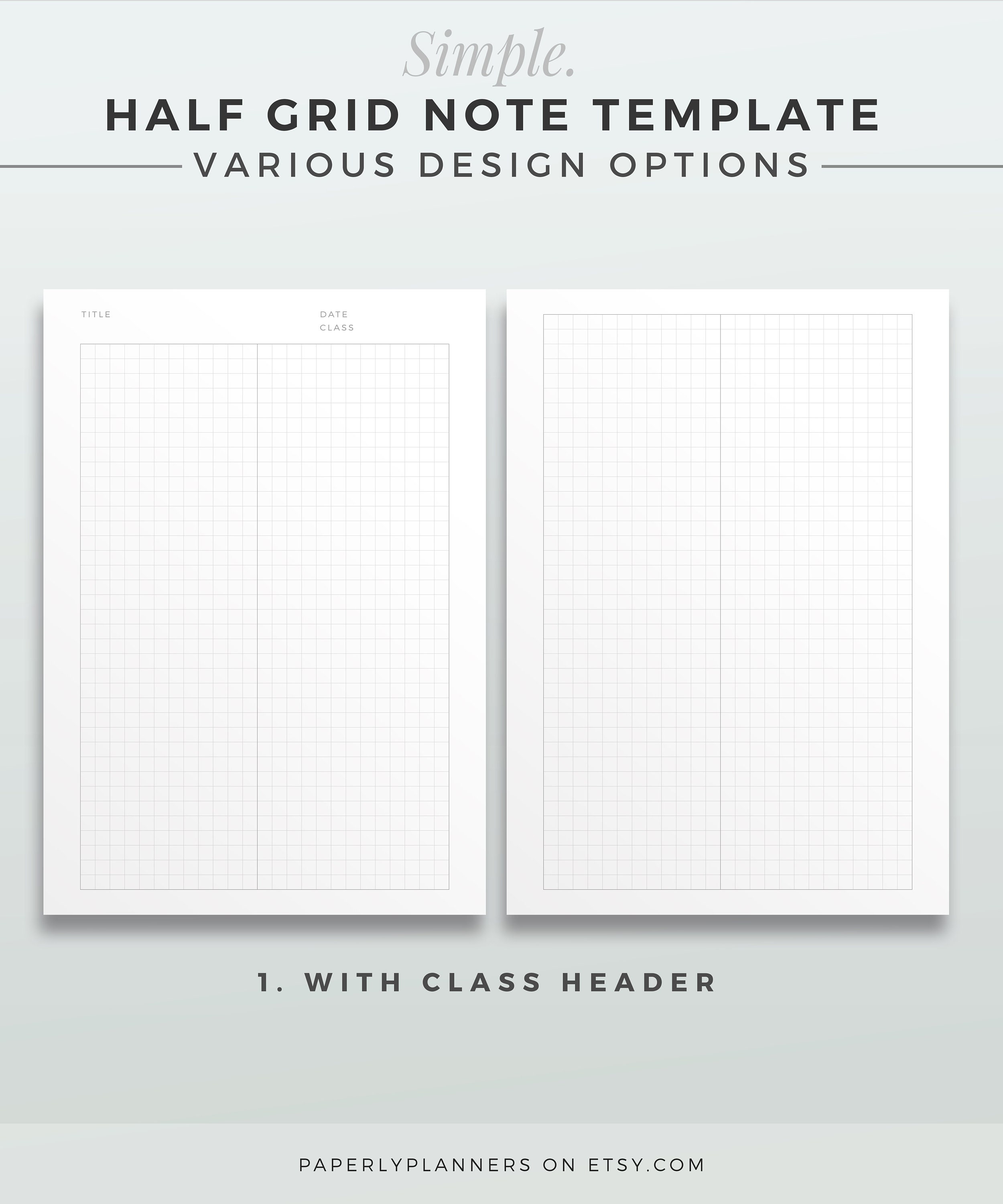 SIMPLE Half Grid Note Template A4 & LETTER Printable Note Inserts, Half
