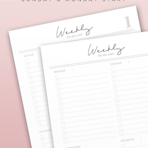 May include: Two white weekly to-do list planner pages with a light pink background. The top of the page reads "WEEKLY TO DO LIST" and "SUNDAY & MONDAY START". The pages have a minimalist design with checkboxes and the text "Weekly TO-DO LIST".