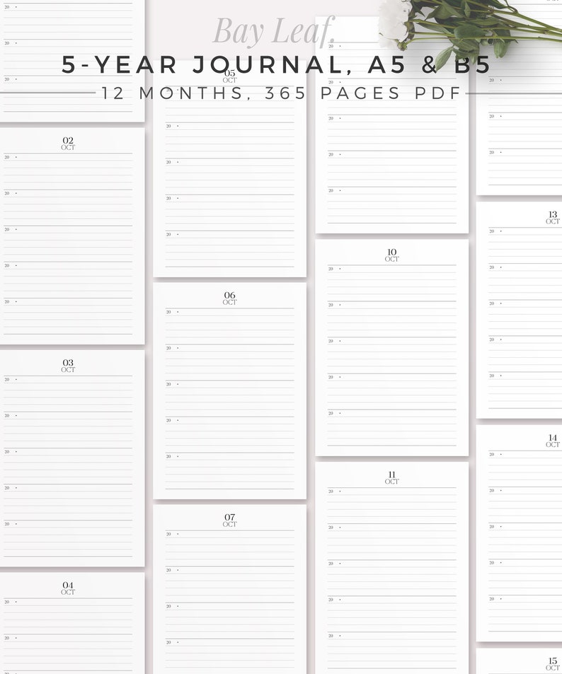 BAY LEAF 5-Year Journal A5 & B5 Printable Planner Inserts, Undated Daily Agenda, Daily Journal Paper, Planner Refill, 5 Years Diary image 3