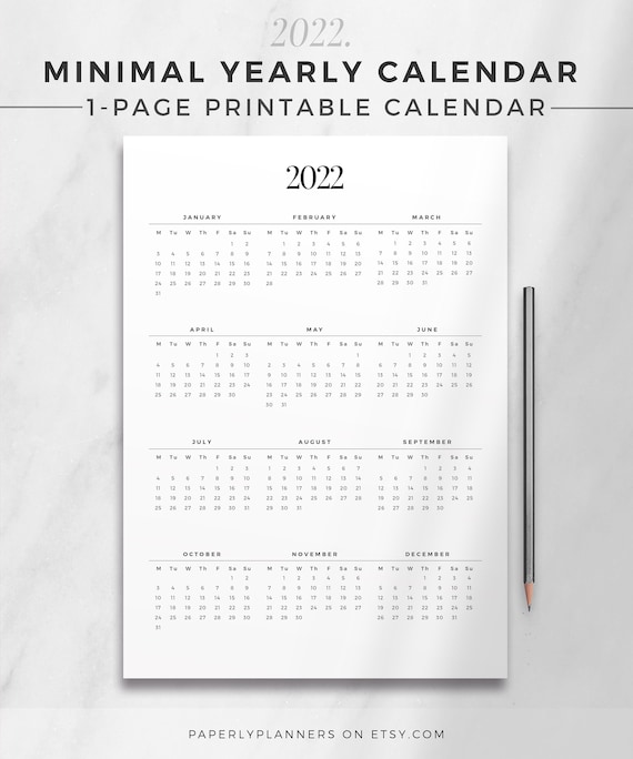 2022 minimal yearly calendar one page calendar printable etsy