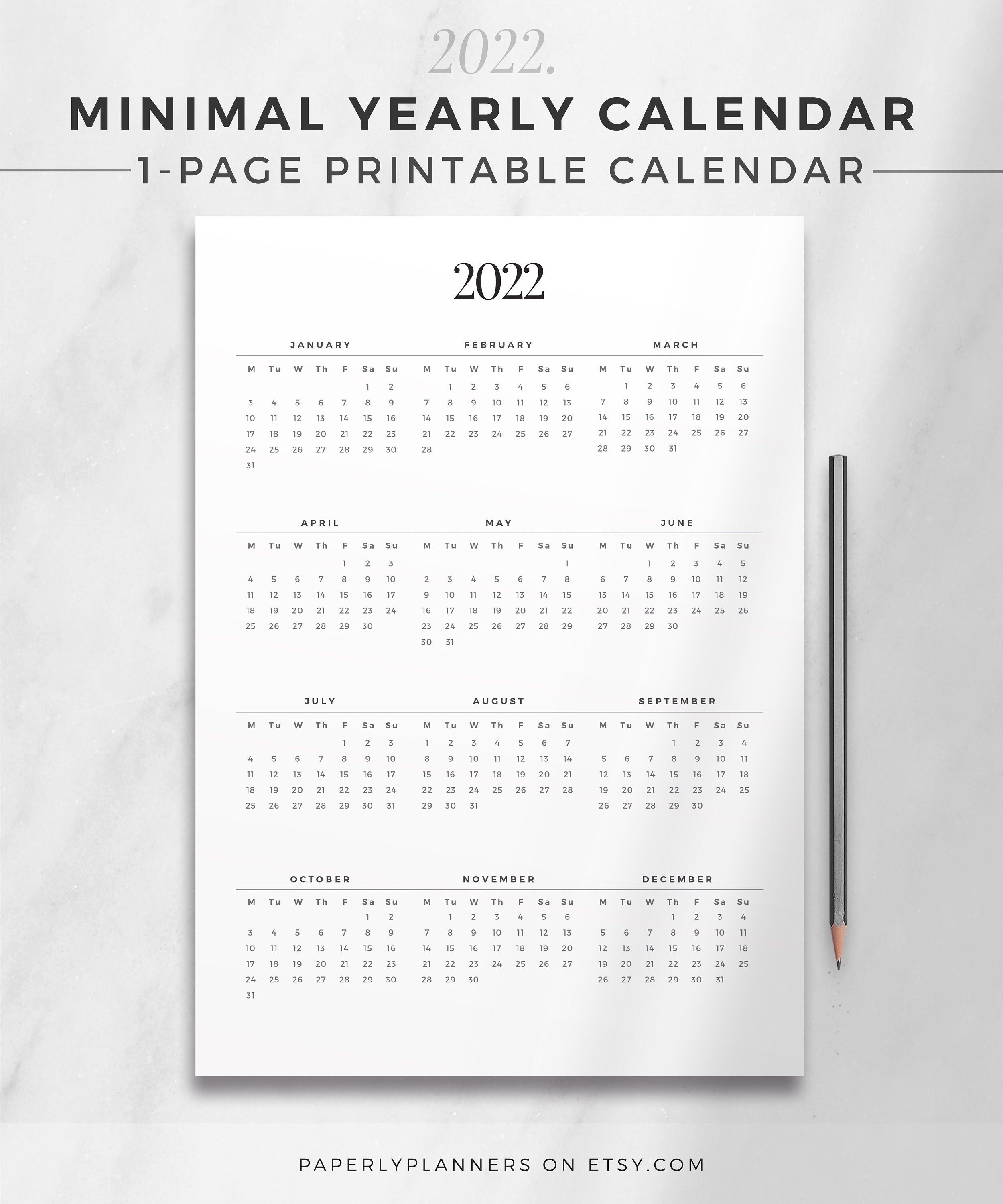 2022 minimal yearly calendar one page calendar printable etsy
