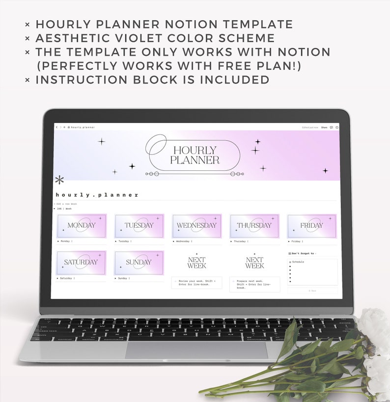 Hourly Planner Notion Template VIOLET GRADIENT Notion Weekly Hourly Planner Notion Template VIOLET GRADIENT Notion Weekly