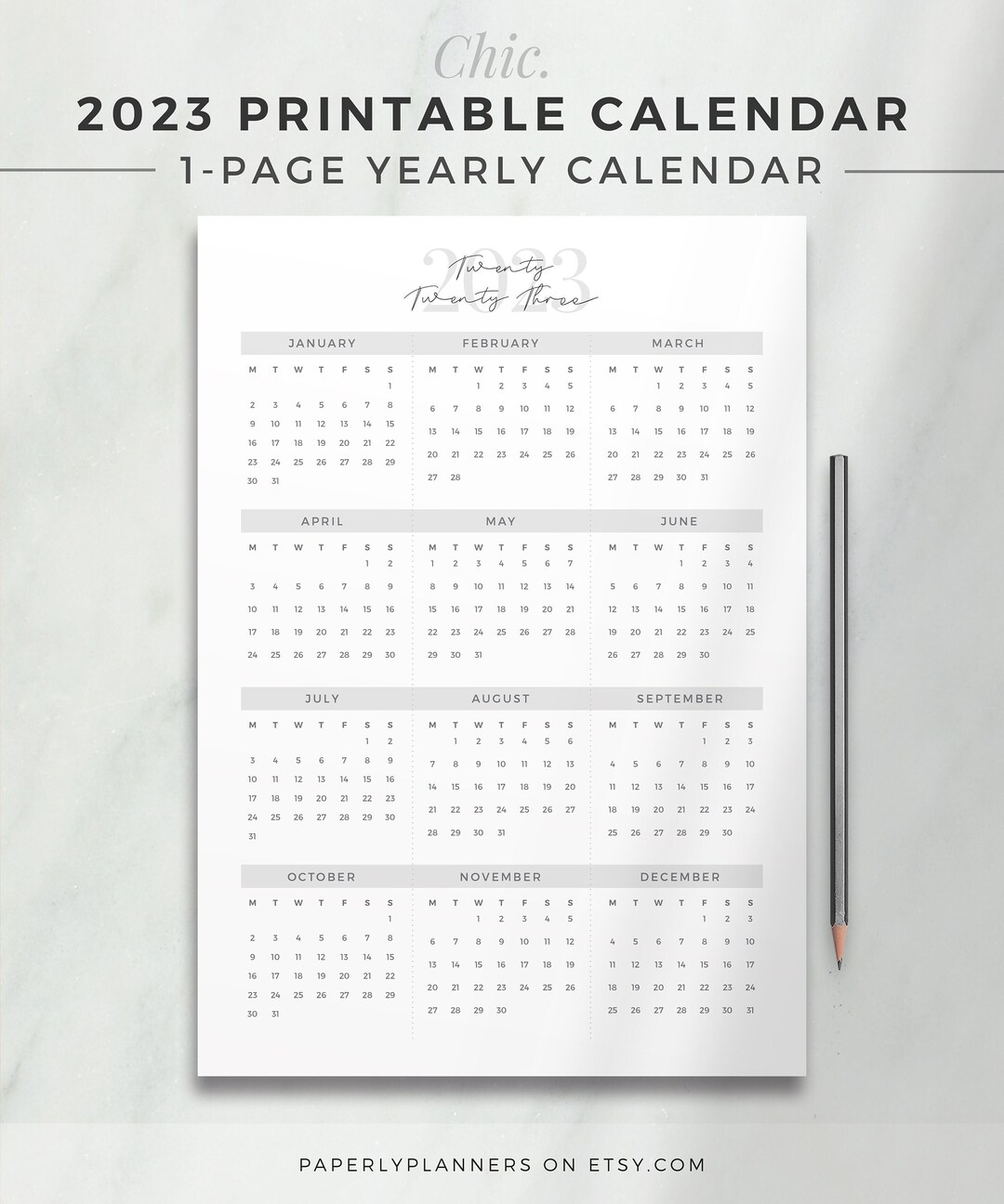 CHIC 2023 Yearly Calendar | One Page Calendar, Printable Planner Insert ...