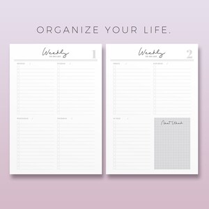 May include: Two-page weekly to-do list with a light purple background. The left page is labeled "1" and the right page is labeled "2". Each page has a list of checkboxes for each day of the week. The text "ORGANIZE YOUR LIFE" is at the top.