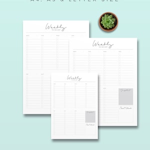 May include: Three white weekly to-do list sheets in A4, A5, and letter sizes, with checkboxes for each day. The text "WEEKLY TO DO LIST" is at the top. A small potted succulent is in the upper right corner. The Paperly Kiss logo is at the bottom.