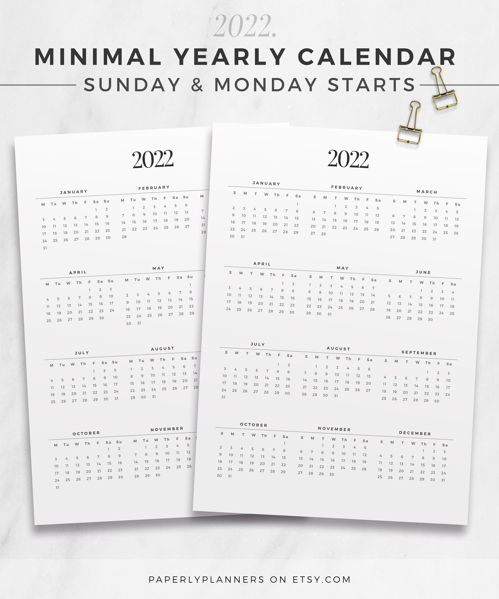 2022-minimal-yearly-calendar-one-page-calendar-printable-etsy