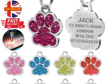 Personalised Engraved Dog Tag Name Disc Pet Cat Tags Animal Cat Collar ID Tags Custom ID Tag 25mm Glitter Bling Paw Print Tags For Your Pet