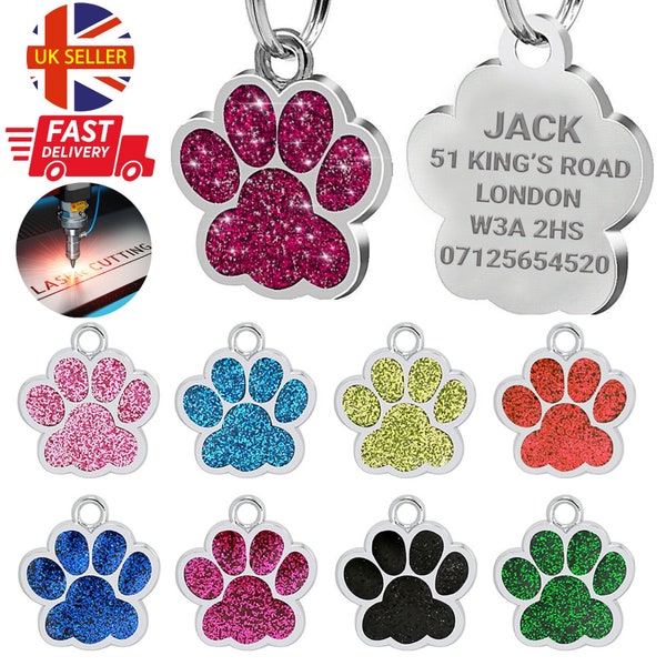 Personalised Engraved Dog Tag Name Disc Pet Cat Tags Animal Cat Collar ID Tags Custom ID Tag 25mm Glitter Bling Paw Print Tags For Your Pet