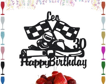 Personalised Car Birthday Cake Topper, Glitter Custom Race Car Cake Topper For Racing Car Checkered Flag Themed Kids Boy Girl Party